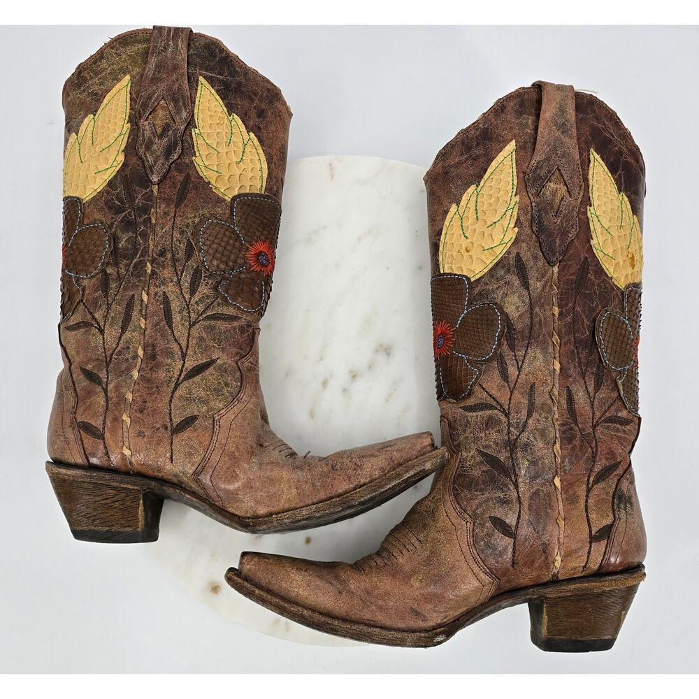 Corral Vintage Cognac Crater Daisy Inlay Cowboy Boots - Picture 5 of 9